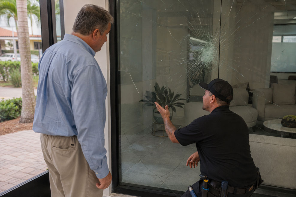 Cracked window glass in Hollywood, FL before glass window repair