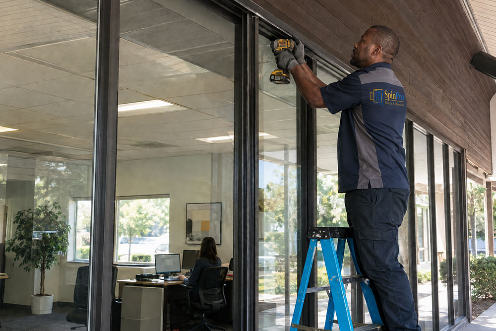 SpinPro technician repairing a glass door frame at a Hollywood office