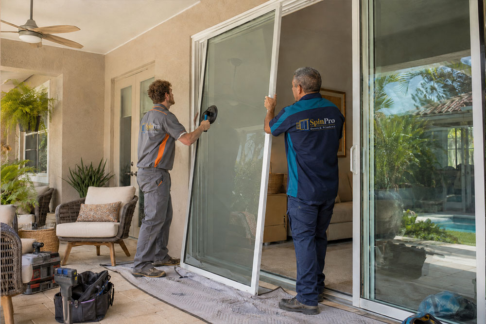 SpinPro technicians installing a sliding glass door panel