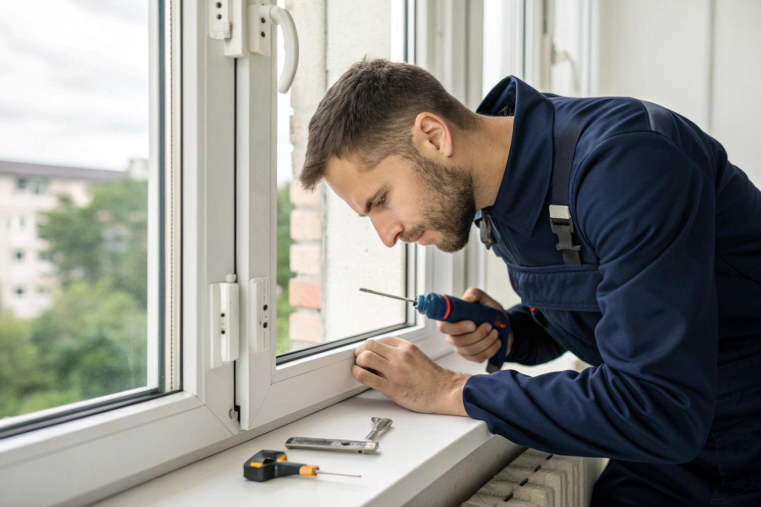 Technician repairing the lock latch and hardware on a white impact window frame