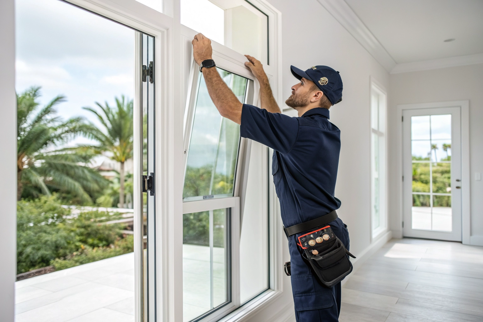 Technician checking a binding impact window sash that will not open or close properly