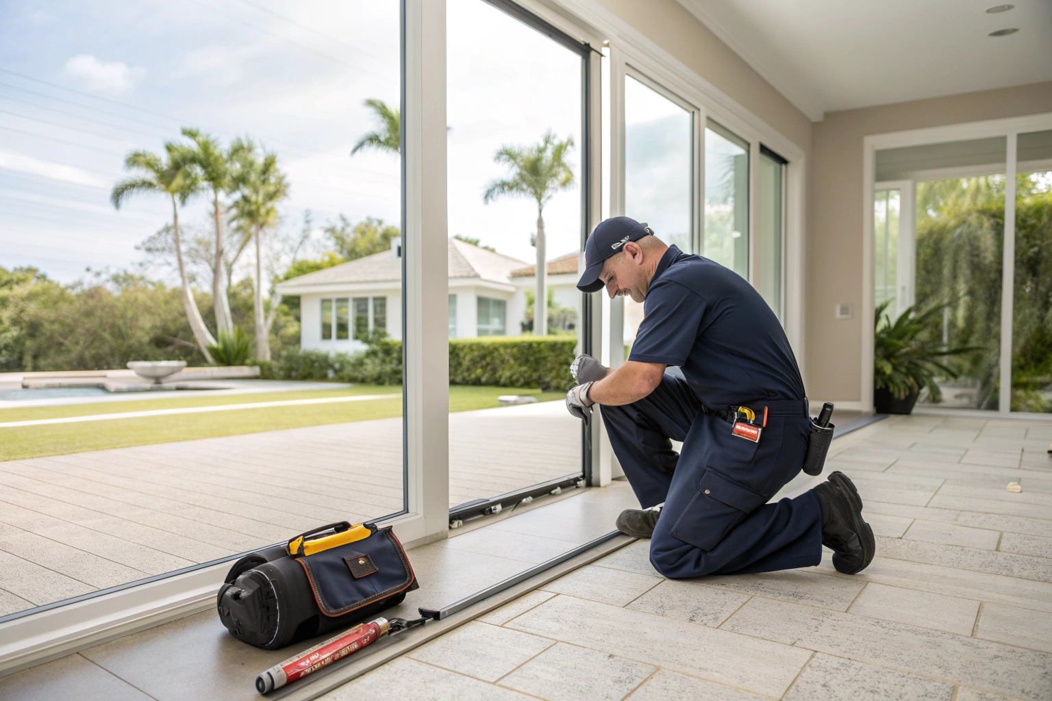 SpinPro technician replacing rollers on an impact sliding glass door track in South Florida