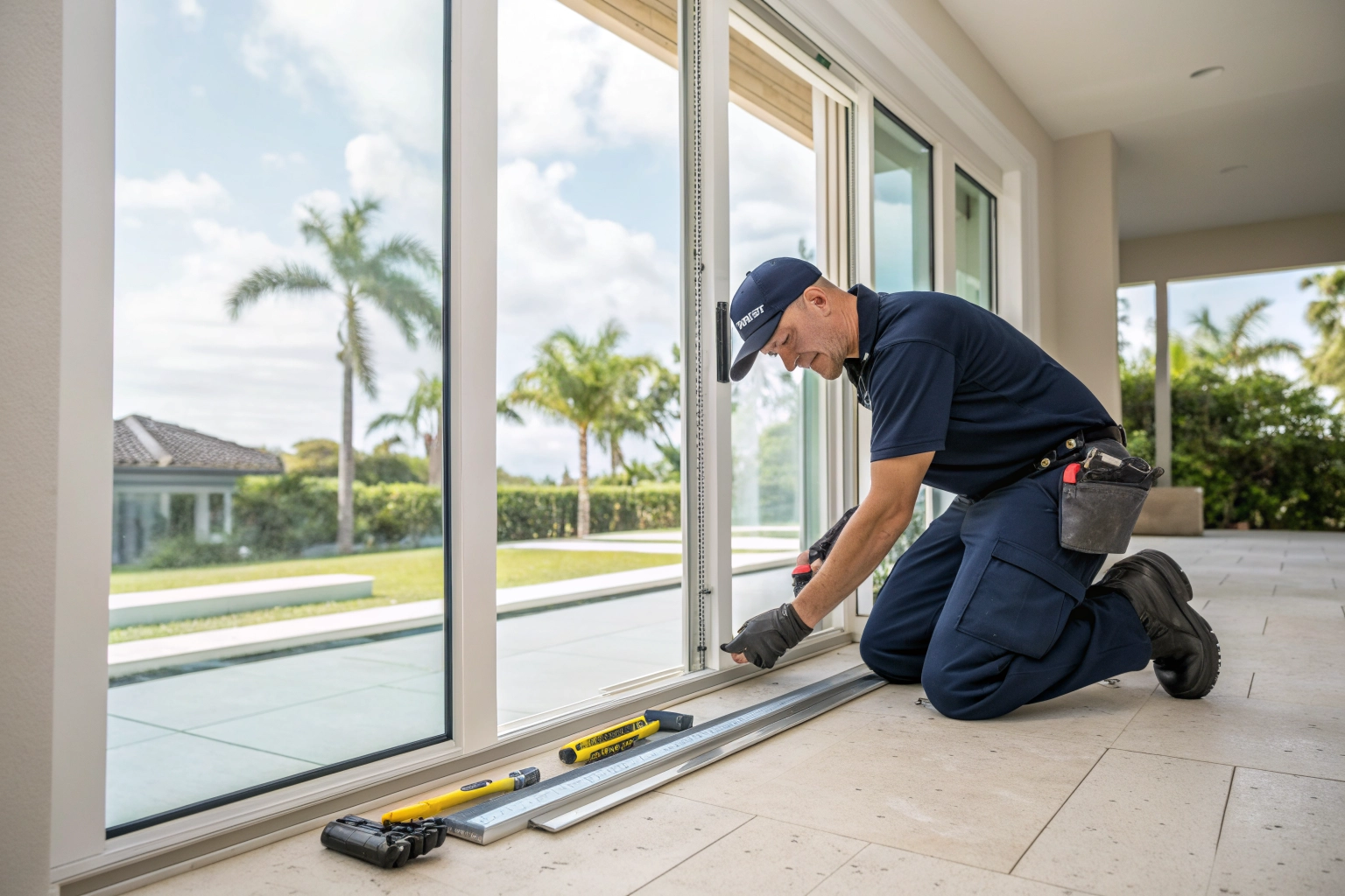 Technician servicing the track and rollers of a horizontal sliding impact window