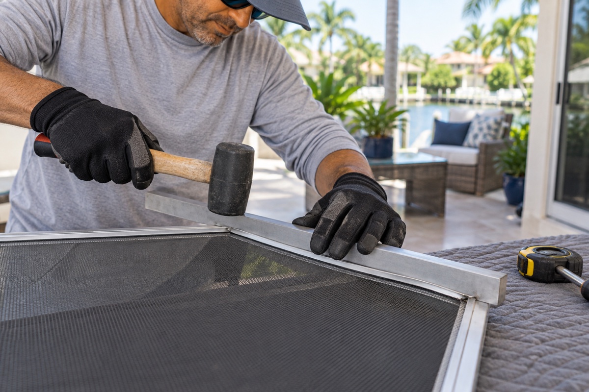 Screen door repair technician straightening a bent aluminum screen door frame