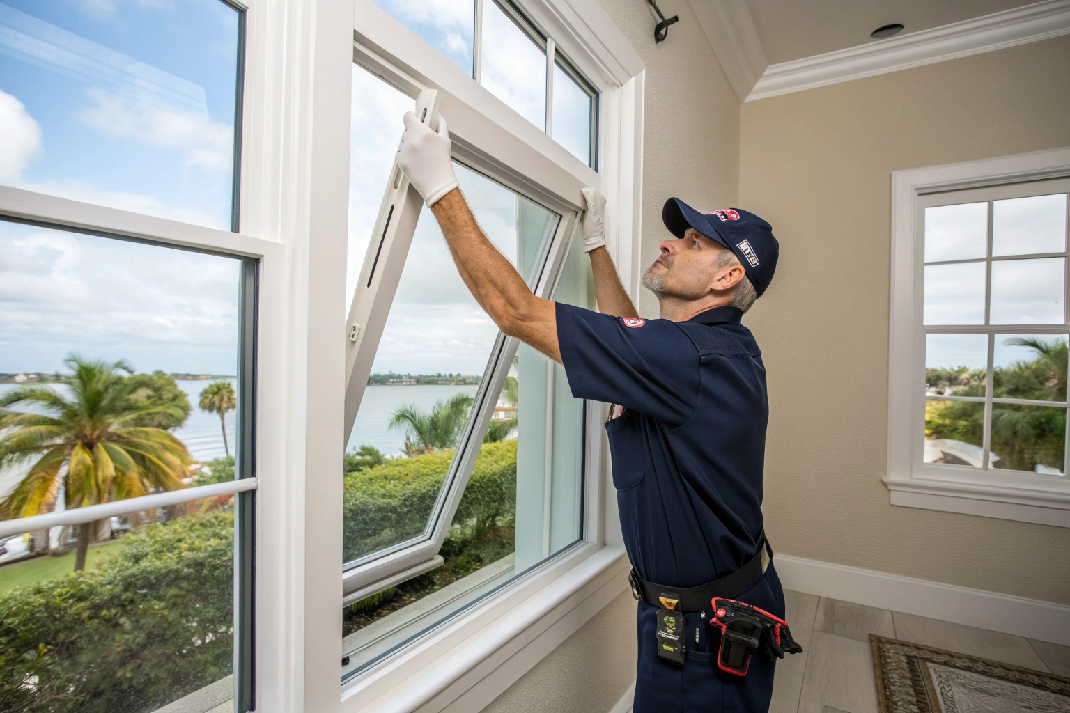 Technician inspecting the balance mechanism on a single hung impact window sash