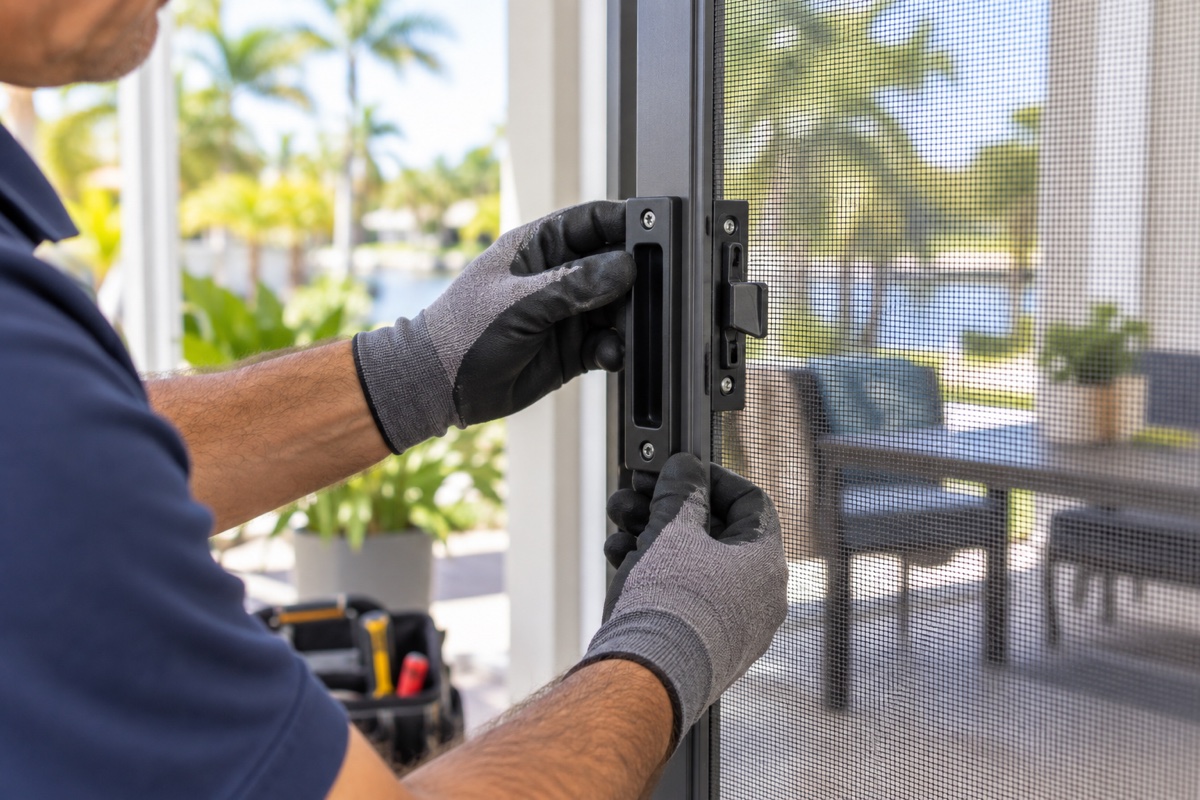 Screen door repair technician fitting a new handle and latch on a sliding screen door