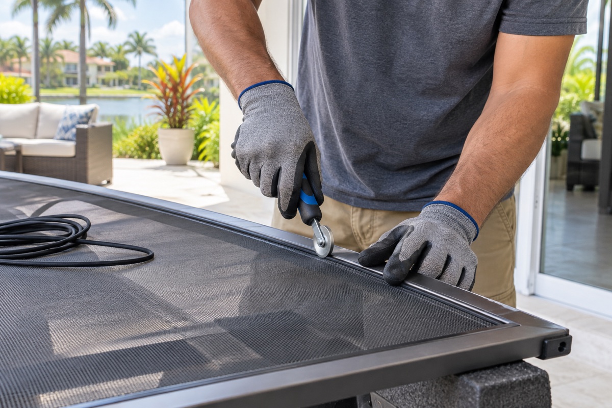 Screen door repair technician installing fresh mesh and spline in a sliding screen door frame