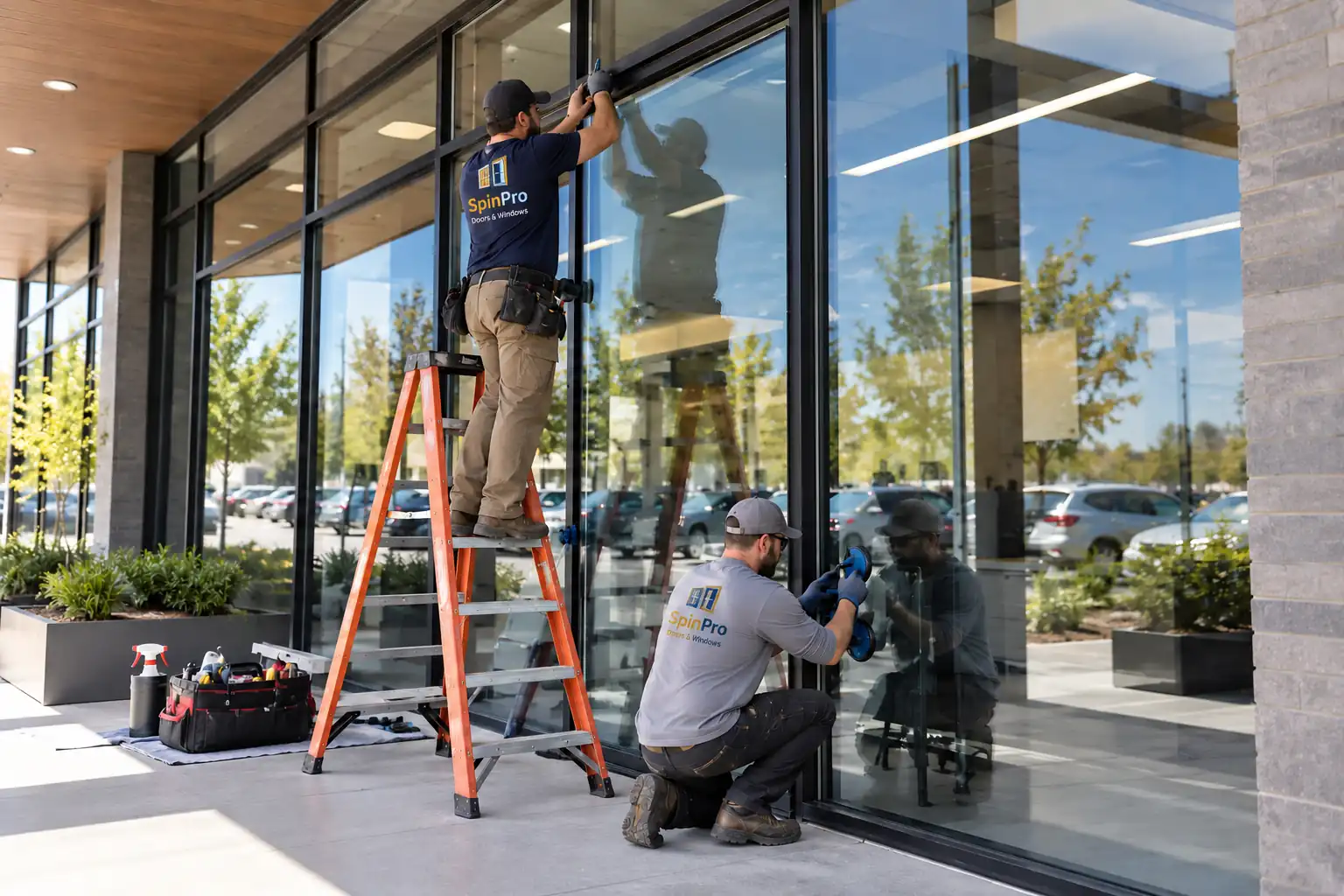 SpinPro technicians doing commercial glass repair on a storefront panel