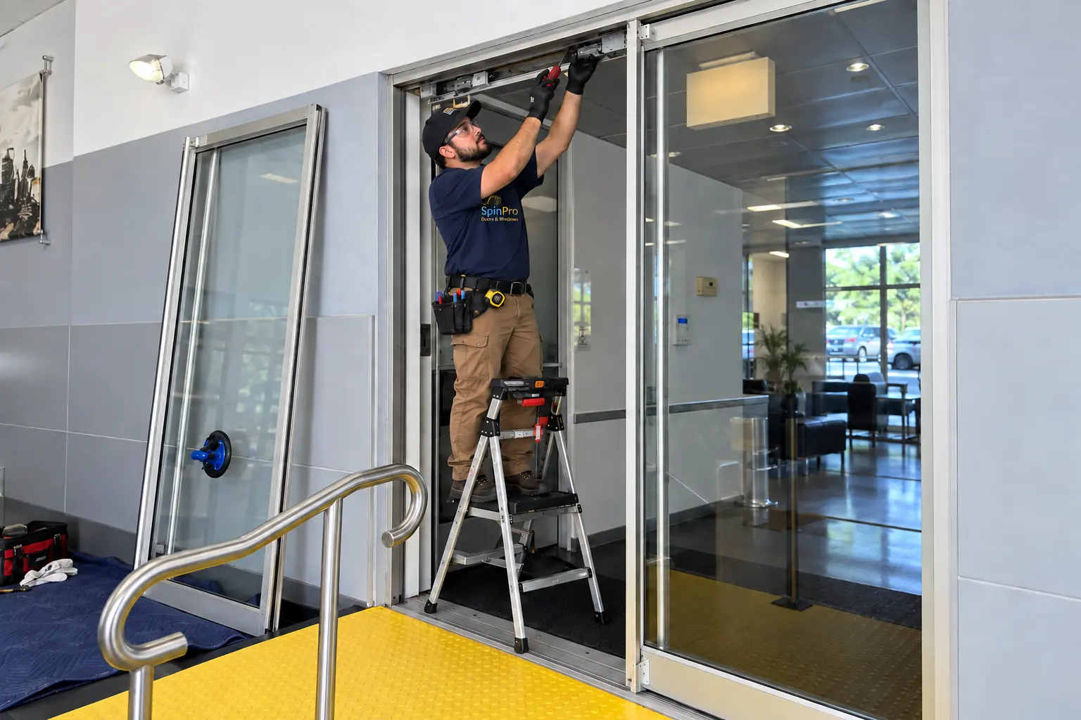 Technician on a step ladder making a commercial glass entrance repair in an office lobby