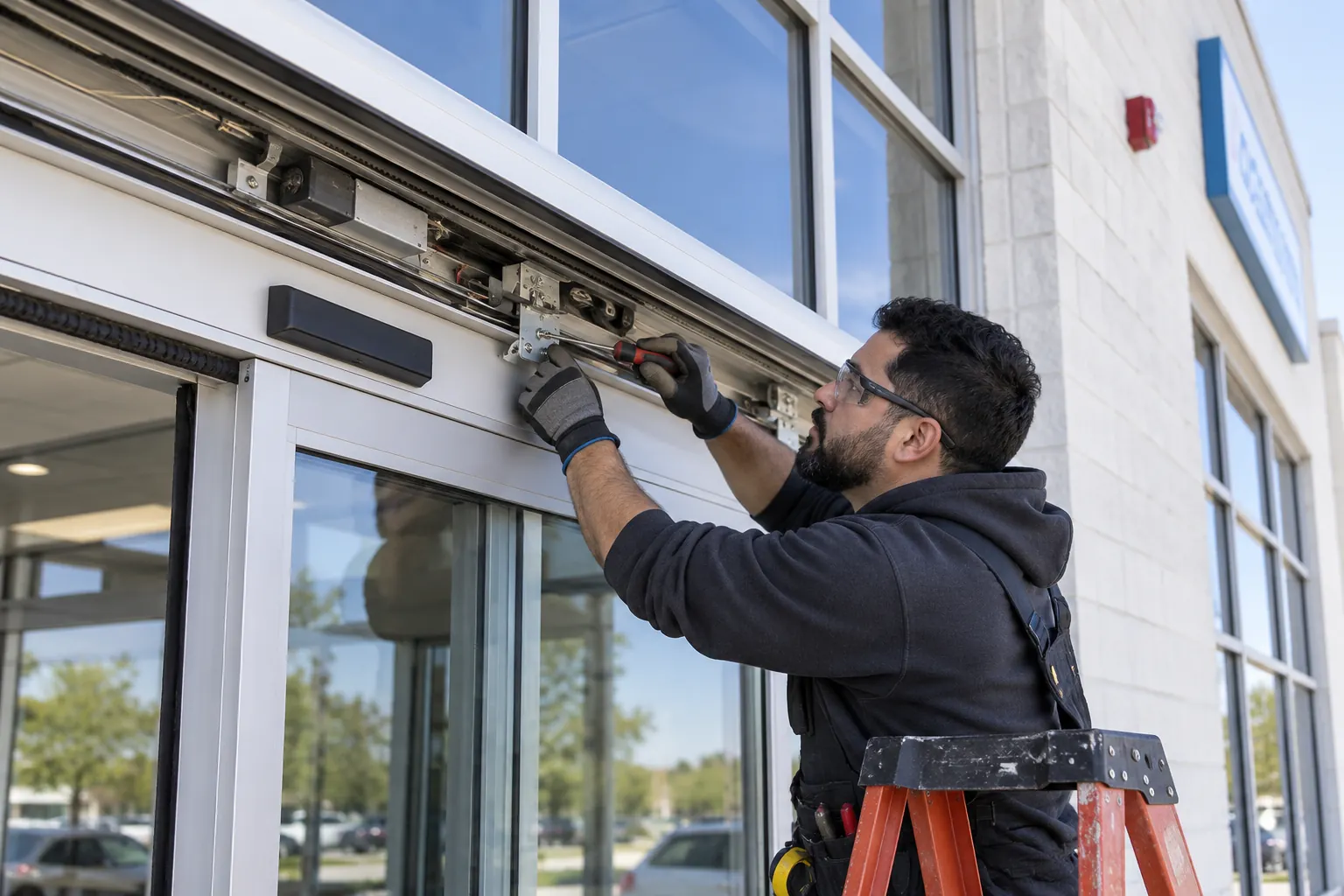 Technician repairing the overhead operator on a commercial automatic sliding door