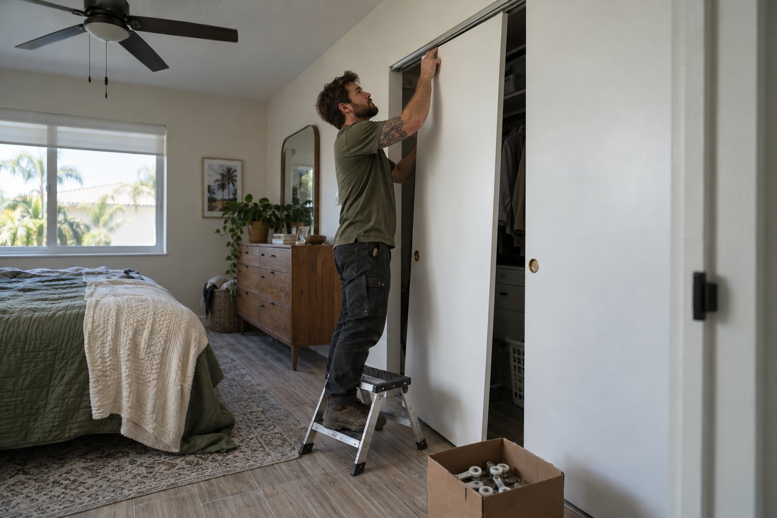 Technician seating the rollers of a sliding bypass closet door on its overhead track in a Hollywood, FL townhouse