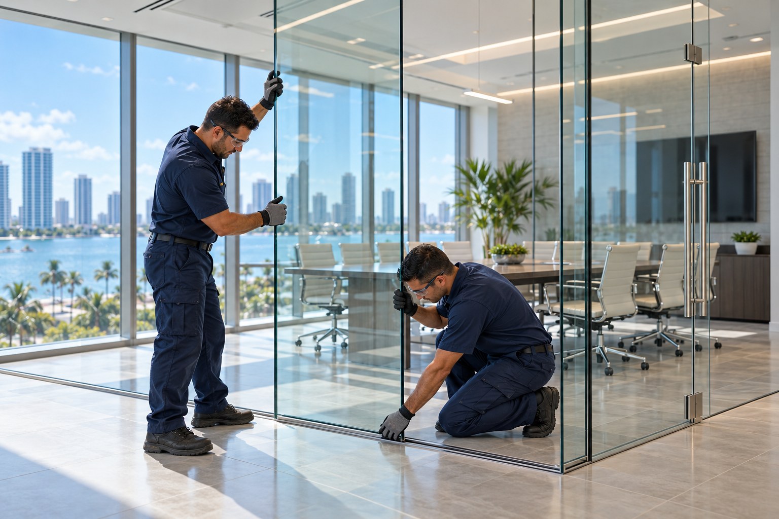 Two installers fitting a frameless tempered glass partition wall in a modern office conference room