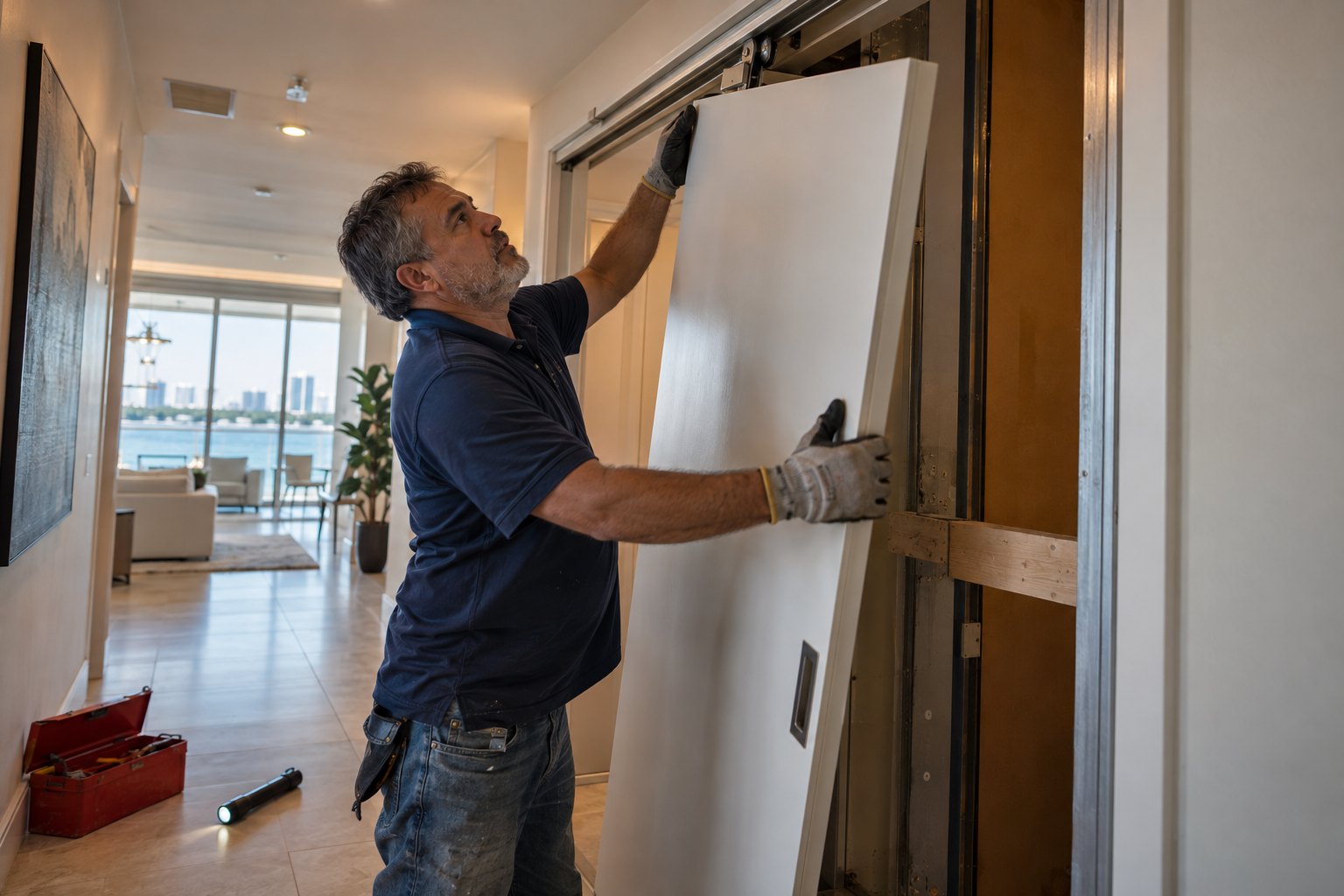 Interior door repair Hollywood FL: technician lifting a white pocket door back onto its overhead track