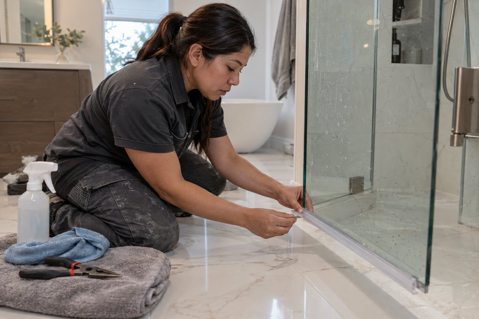 Technician installing a new bottom sweep on a frameless glass shower door in a Hollywood, FL condo bathroom